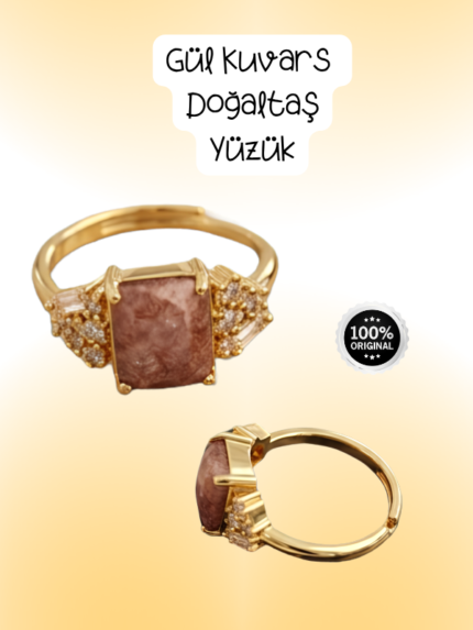 Gül Kuvars Çelik Gold Yüzük