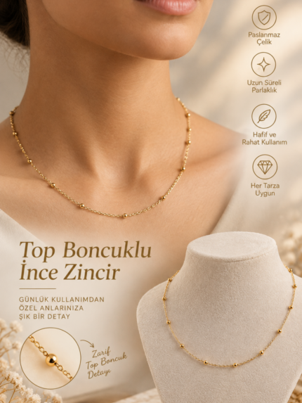 Altın Kaplama Çelik Top Boncuklu Zincir